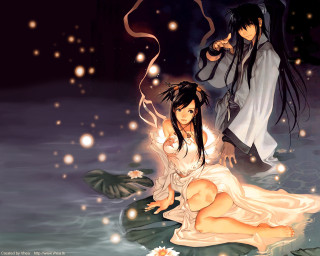 Anime couple lily pad fire - chen chun free wallpaper