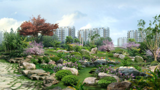 Garden rocks flowers buildings background - the background in the distance free wallpaper