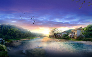 River houses birds sunset dawn - a painting of a river free wallpaper