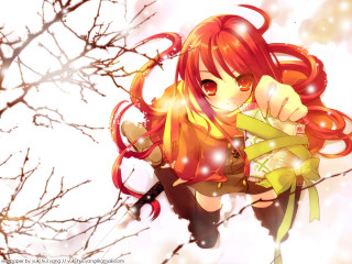 Red haired girl on tree - a green shirt free wallpaper