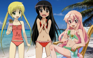 Three anime girls beach drink - their hand and a man free wallpaper
