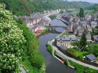 River town trees buildings bridge - camille bombois free wallpaper