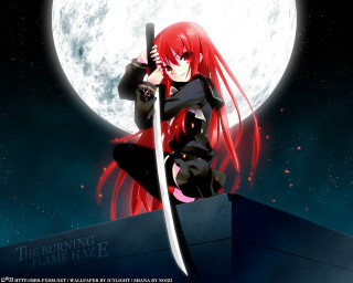 Red haired girl sword full - a full moon background free wallpaper