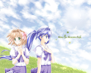 Anime girls field clouds blue - grass free wallpaper