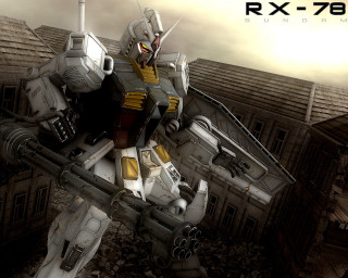 Robot building gun city retro - mecha free wallpaper for desktop