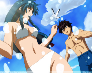 Anime bikini couple bird beach - the sky behind them free wallpaper
