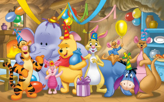 Pooh group balloons streamers christmas - free happy birthday wallpaper