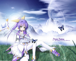 Girl field sword butterfly mountain - a mountain in the background free wallpaper for desktop