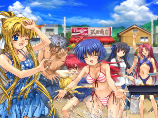 Anime girls bathing suits city - summer free wallpaper