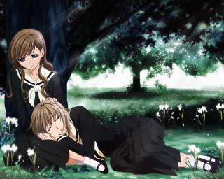 Anime girls park nature sleeping - the ground in a park free wallpaper