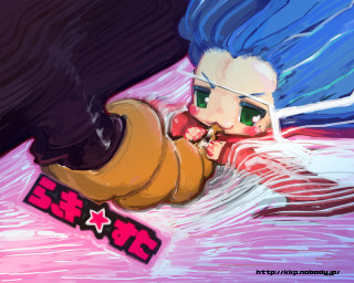 Cartoon girl bluehair smile bed - a red star free wallpaper