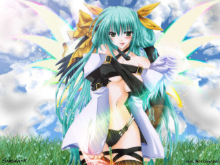 Green hair girl wings sword - her hand and a sky background free wallpaper