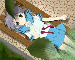 Anime girl bench green plant - leg free wallpaper
