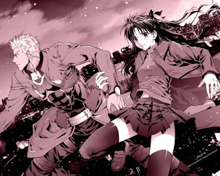 Anime couple running city stars - a city in the background free wallpaper for desktop