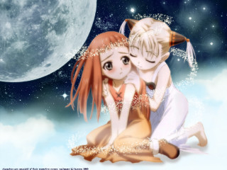 Anime couple fullmoon stars aurora - the ground in front free wallpaper