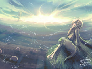 Woman ocean rock sky fish - above her free wallpaper