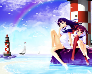 Anime girls ocean rock lighthouse - a rock in the ocean free wallpaper