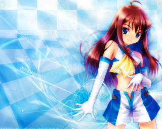 Anime girl redhair blueeyes checkered - pattern free wallpaper for desktop