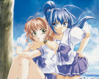 Two anime girls hugging tree - a tree free wallpaper