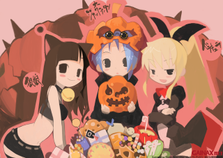 Halloween anime girls pumpkins treats - three anime girl free wallpaper