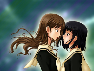Anime kiss blue sky girls - a blue background behind them free wallpaper