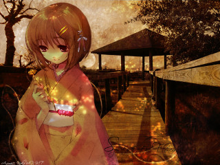 Girl kimono food tree anime - a bowl of food free wallpaper