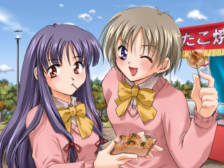 Anime girls eating food bento - in the background free wallpaper for desktop