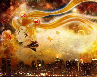 Blonde girl city sky stars - a painting of a girl free wallpaper
