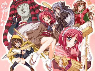 Anime girls brooms man pink - a group of anime girls free wallpaper