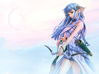 Bluehair elf archer pinksky fantasy - her hand and a sky background free wallpaper