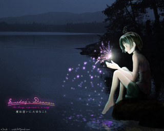 Woman sitting lake night fireflies - a sparkler free wallpaper