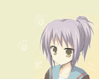 Purple haired anime girl smiling - a blue shirt free wallpaper