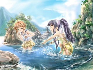 Anime girls water rock formation - free bikini wallpaper