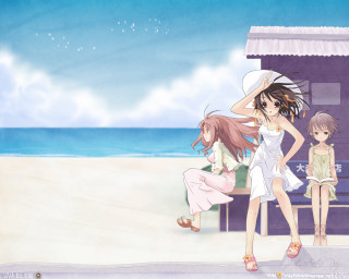 Beach girls sitting standing horizon - one girl free wallpaper