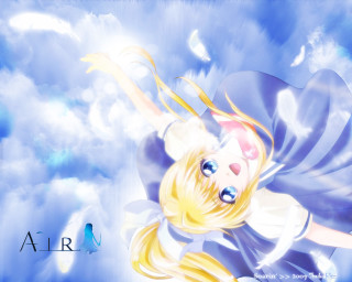 Girl flying blue sky clouds - behind her free wallpaper