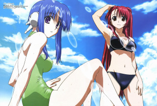 Anime girls beach bikini blue - their back free wallpaper