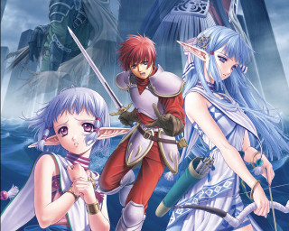 Anime group elf armor sword - a ship in the background free wallpaper