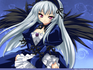 White haired anime gothic rose - black wing free wallpaper