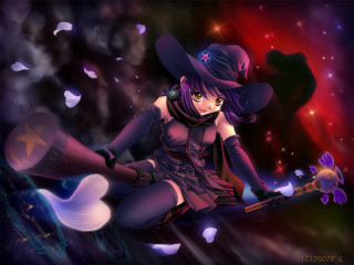 Witch flying anime cherryblossoms starry - a broom and a hat free wallpaper