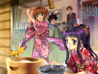 Kimono women food stick floral - behind her free wallpaper