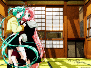 Anime characters hugging green hose - window free wallpaper for desktop