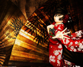 Woman red kimono fan gothic - anime art free wallpaper for desktop