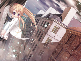 Girl white shirt black bow - a ledge in a city free wallpaper