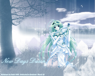Girl green hair bird snowy - a tree in the background free wallpaper for desktop