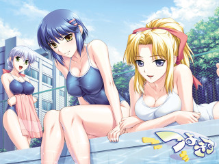 Three anime girls pool bathing - bathing free wallpaper
