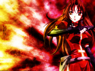 Anime girl fire sword red - a red background behind her free wallpaper