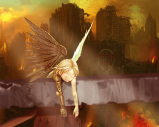 Angelic flyer cityscape flames wings - over a city free wallpaper