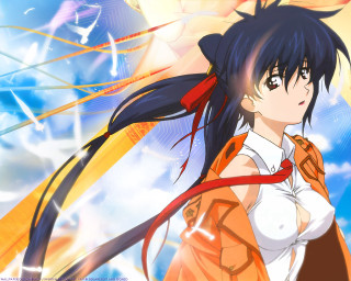 Woman longhair white shirt blue 2 - a red ribbon free wallpaper