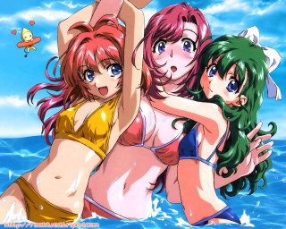 Three anime girls bikinis water - the water together free wallpaper