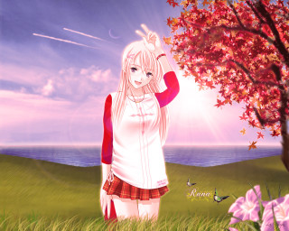 Girl field tree flowers bird - over her head free wallpaper